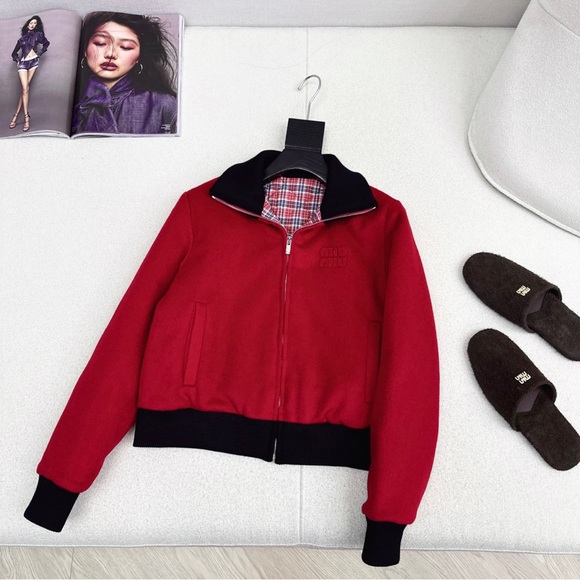 Miu Miu Red Bomber Jacket with Black Trim - Picture 1 of 9